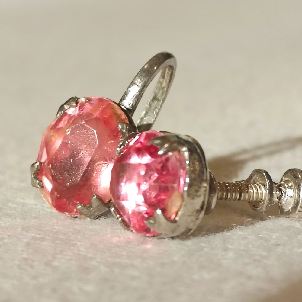 Vintage Sterling Silver Pink Glass Oval Faceted Screw Back Earrings Mid-Century